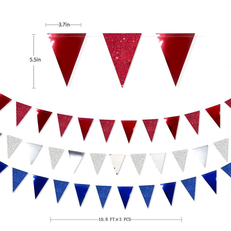 pinkblume 30 Ft Red Silver Blue Triangle Pennant Banner Bunting Hanging Paper Flag Garland for 4th of July American Independence Day USA National Day Patriotic Graduation Wedding Hen Party Decorations Supplies - Image 2